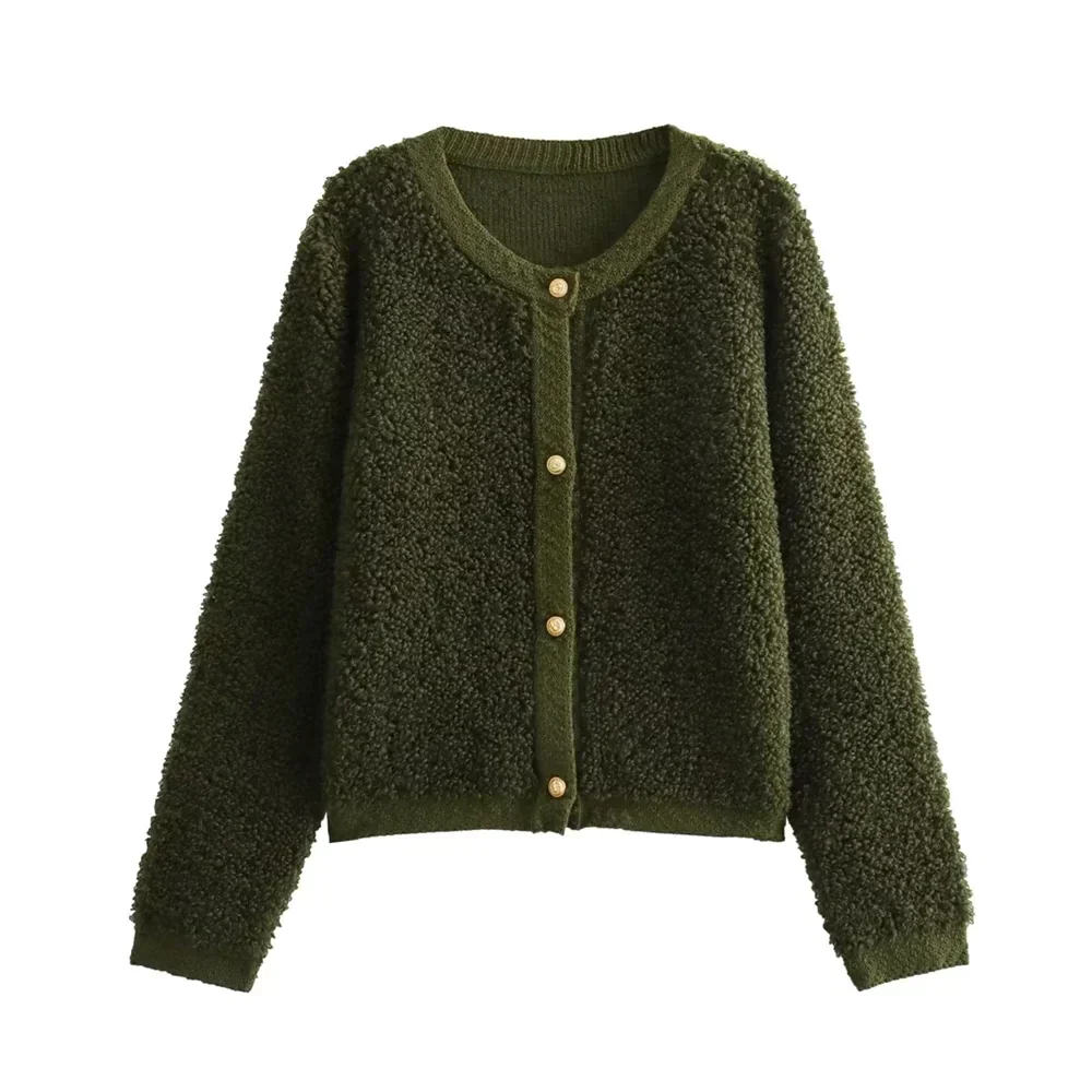 Giacca corta donna teddy verde, calda e moderna, perfetta per un look casual confortevole in autunno.