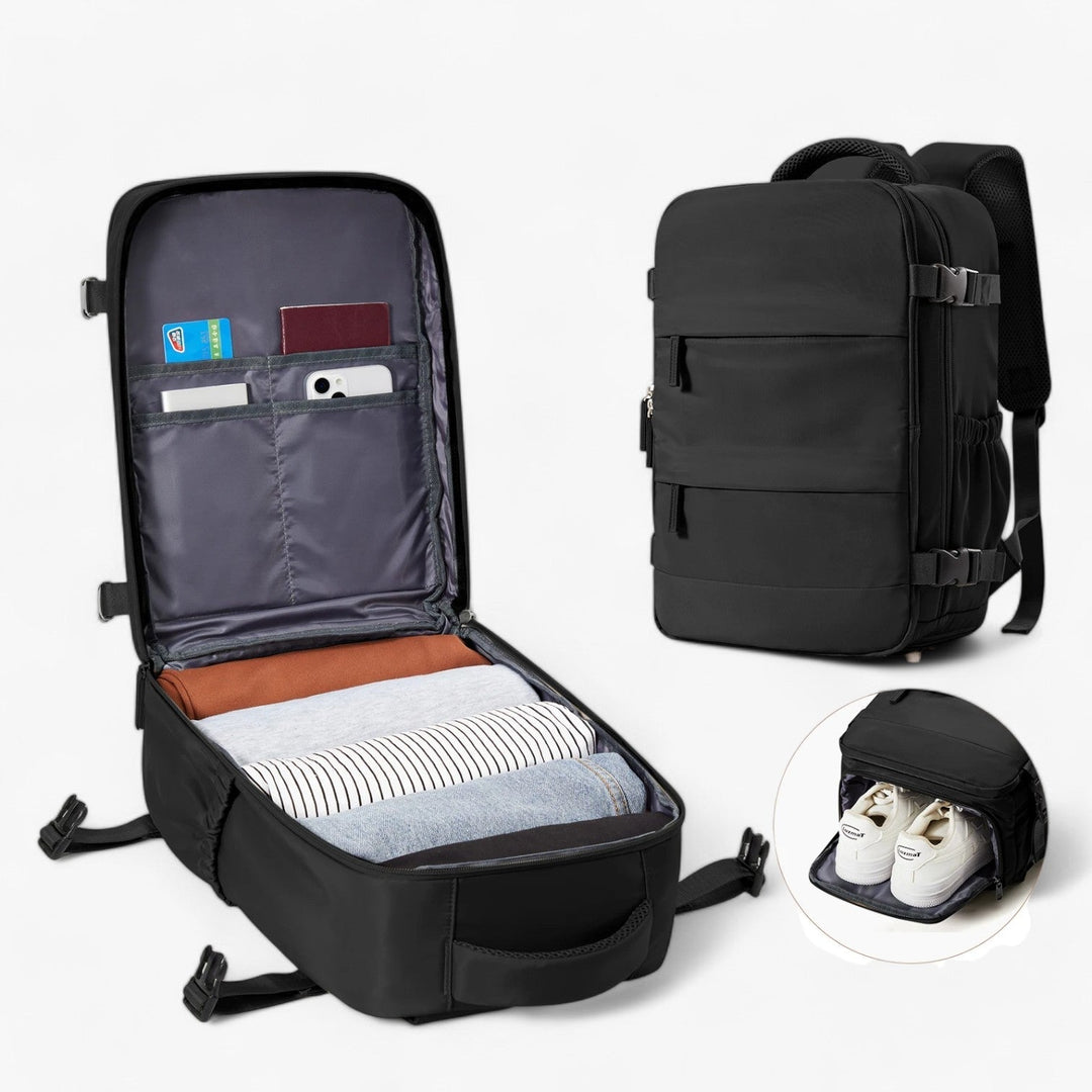 Zaino da cabina uomo in tessuto resistente, compatto e ben organizzato per viaggi sicuri.