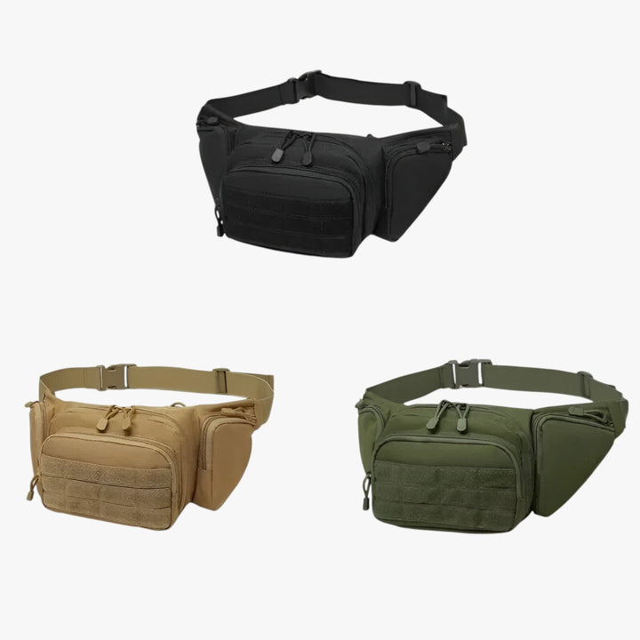 Dettaglio marsupio tattico multitasche uomo. Pratico accessorio resistente per escursioni, outdoor e viaggio.