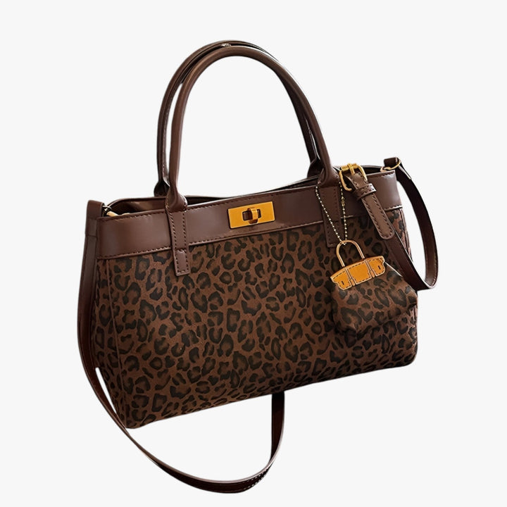 Borsa tote donna in tessuto leopardato, colore marrone. Perfetta per il viaggio o uso quotidiano, stile safari chic.