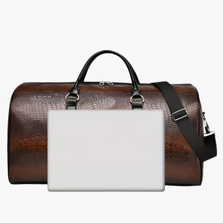 Borsone da viaggio moderno unisex nero, con tracolla ergonomica e manici. Perfetto per weekend o palestra.