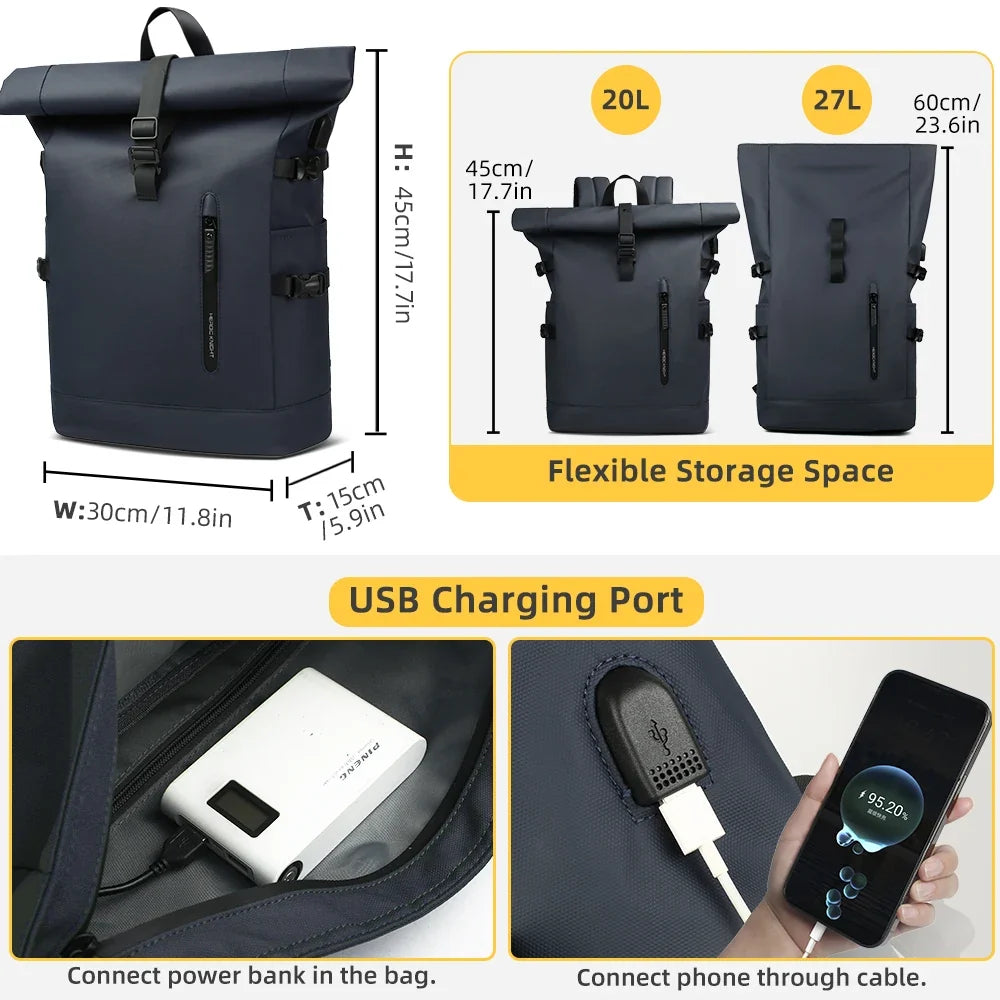 Ampio scomparto principale roll-top dello zaino uomo, flessibile per viaggi e organizzazione quotidiana.