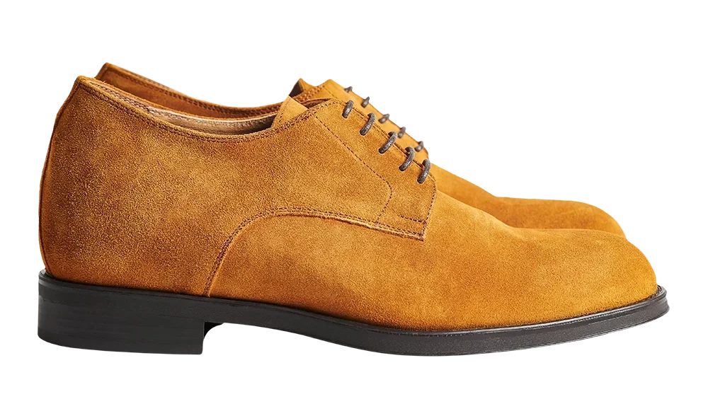 Scarpe rialzate da uomo Derby in pelle cammello. Calzature con rialzo interno per aumentare la statura di 7 cm.