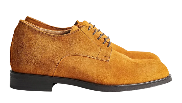 Scarpe rialzate da uomo Derby in pelle cammello. Calzature con rialzo interno per aumentare la statura di 7 cm.