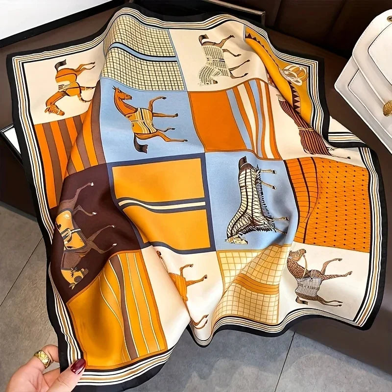 Foulard quadrato in poliestere effetto seta, accessorio moda donna leggero e chic.