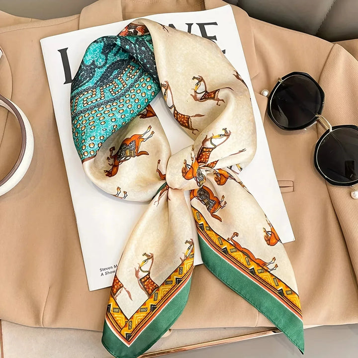 Leggero foulard quadrato in poliestere effetto seta, accessorio versatile per donna.