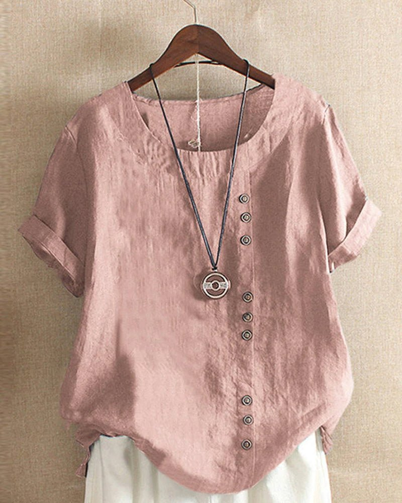 Blusa donna in tessuto misto con maniche corte e fila di bottoni. Stile moderno e confortevole.