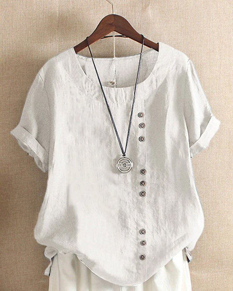 Blusa casual donna con bottoni frontali e maniche corte. Ideale per look primaverili.