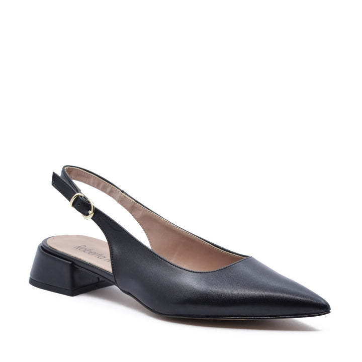 Ballerine slingback in pelle, tacco basso, ideali per comfort e tendenza.
