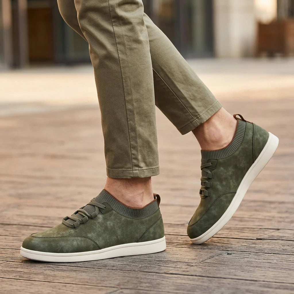 Dettaglio texture sneaker uomo, evidenzia materiale resistente e stile vintage per look urbano e calzature moda.
