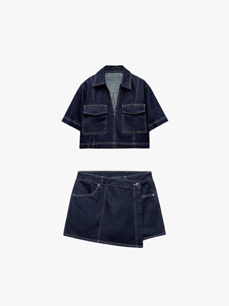 Set denim donna moderno, top e gonna-pantaloncino per un look casual chic versatile, perfetto in blu scuro.