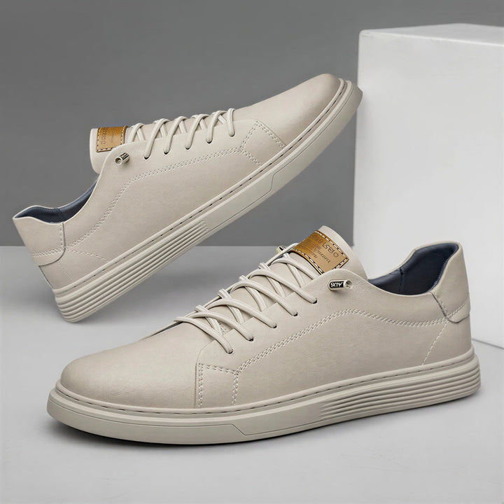 Vista dall'alto sneakers basse casual uomo stringate. Scarpe versatili con suola gomma, comfort quotidiano per moda maschile.