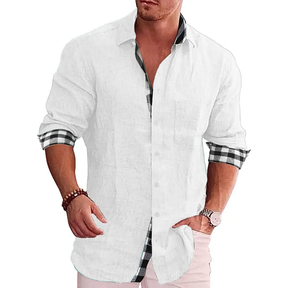 Camicia uomo smart casual a maniche lunghe, design moderno, con accattivanti dettagli a contrasto. Abbigliamento di tendenza.
