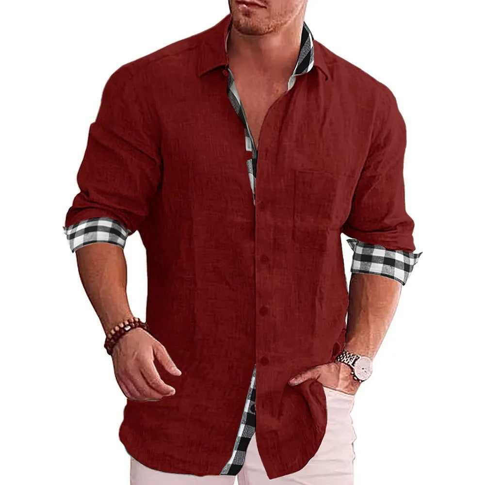 Camicia da uomo con colletto e polsini a contrasto, maniche lunghe. Stile casual elegante per ogni occasione.