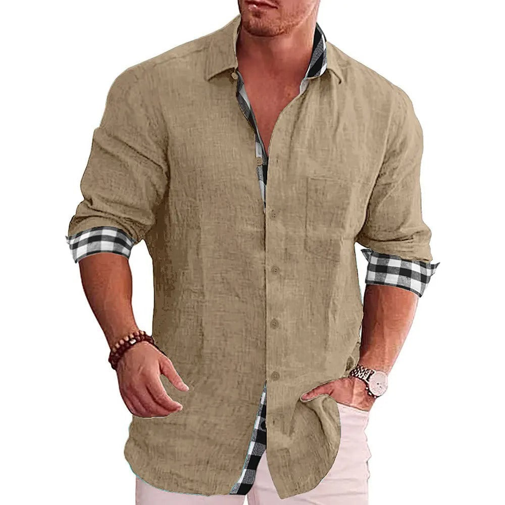 Moda uomo: camicia casual a maniche lunghe, dettagli a contrasto, abbigliamento smart casual per un look distinto.