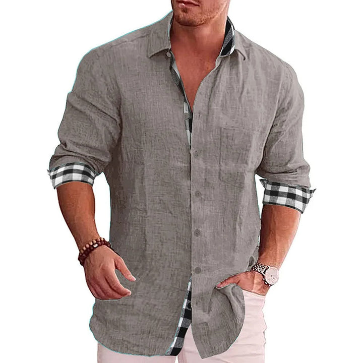 Camicia uomo casual elegante, maniche lunghe, con distintivi dettagli a contrasto. Ideale per uno stile sofisticato.