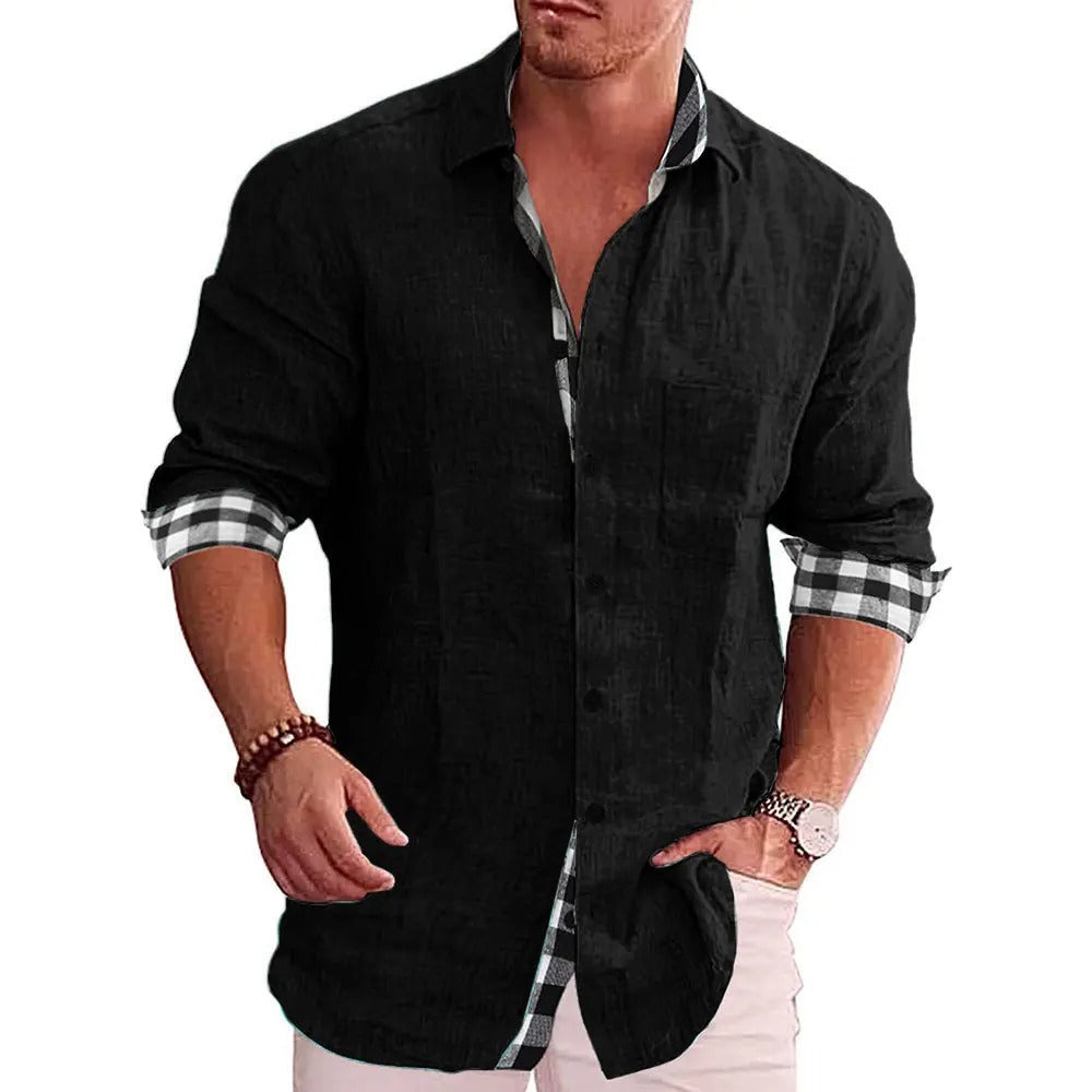 Camicia uomo formale casual, maniche lunghe, con dettagli di moda a contrasto. Valorizza il tuo outfit quotidiano.