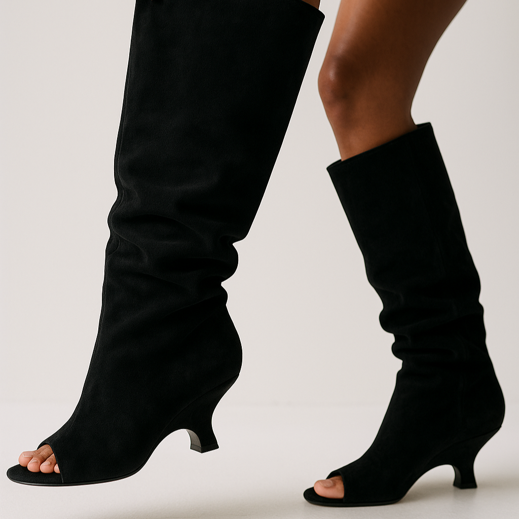 Stivali da donna chic peep toe con tacco a cono, gambale morbido. Scarpe moda perfette per autunno e inverno.