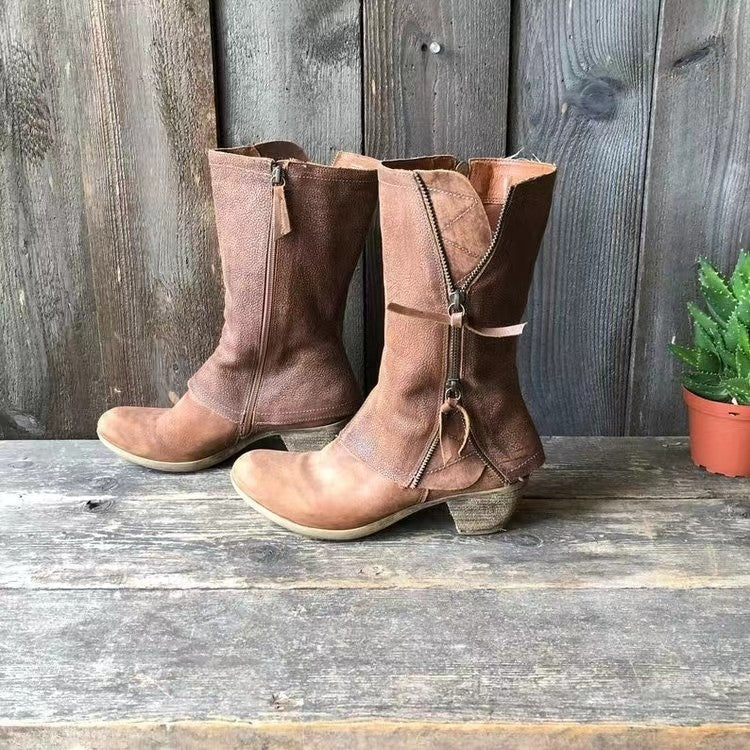 Versatili stivali donna marrone chiaro con zip e stabile tacco a blocco. Ideali per un look casual o raffinato.