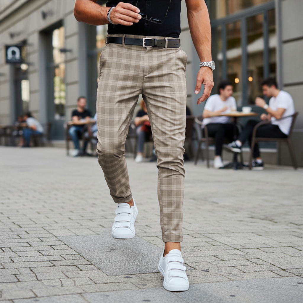 Pantaloni chino slim fit da uomo a quadri, un capo essenziale per la moda maschile.