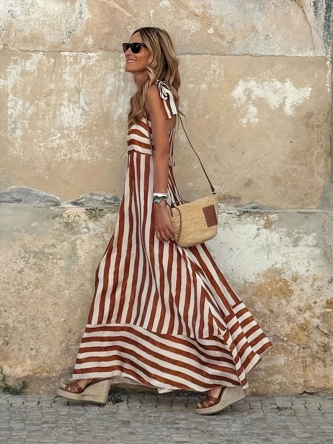 Elegante abito maxi da donna fluido con righe, perfetto per l'estate. Spalline sottili, ideale per vacanze e comfort.