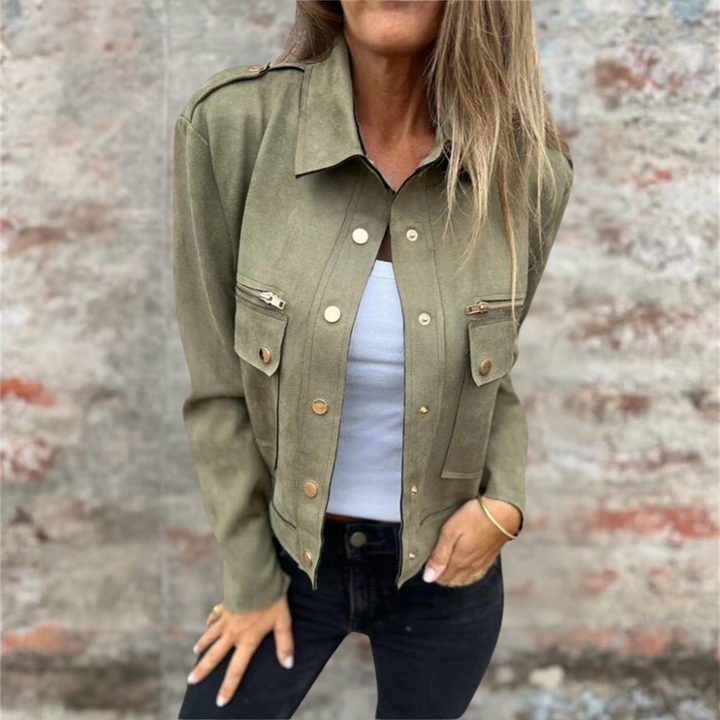 Giacca da donna per autunno, con bottoni e maniche lunghe, un capo di moda casual e confortevole.