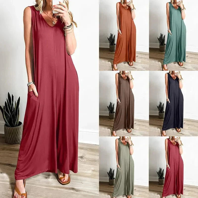 Comoda tuta intera donna per autunno, design versatile e maniche lunghe per un look casual elegante.