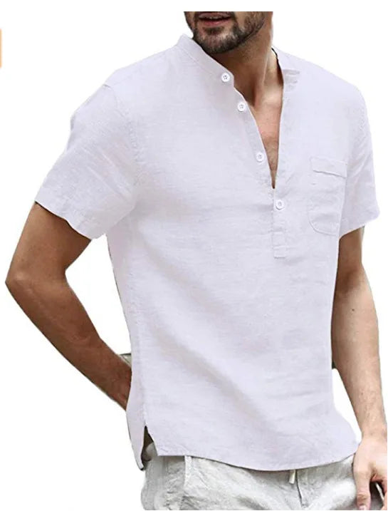 Camicia uomo con collo alla coreana, estiva, maniche corte, ideale per un look rilassato e alla moda.