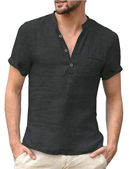 Camicia uomo casual chic estiva, collo coreana, maniche corte, ideale per stile vacanza e comfort.