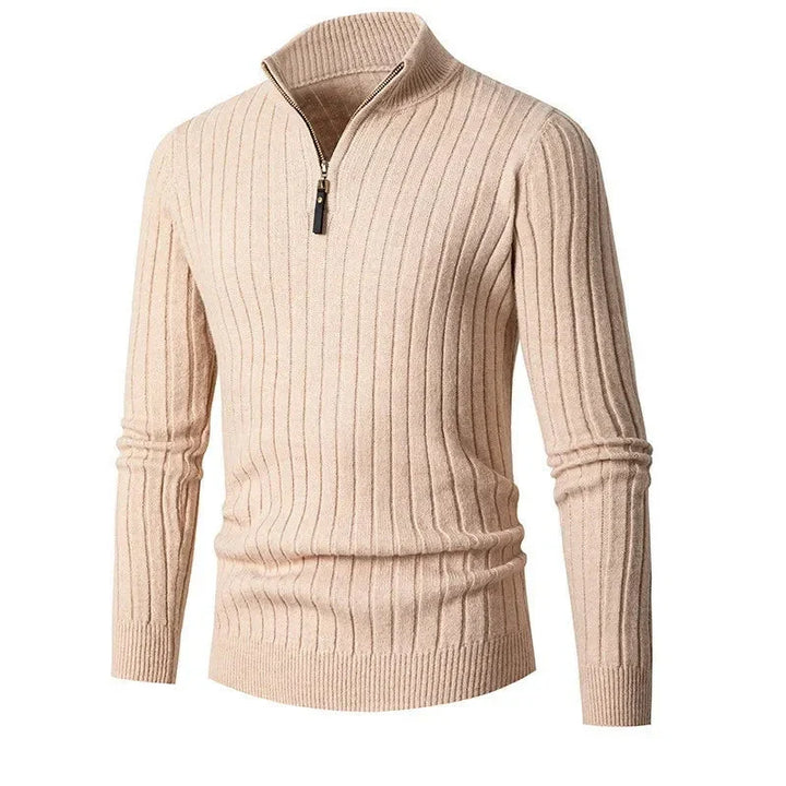 Maglione uomo a coste verticali, collo alto con mezza zip, pullover elegante per l'abbigliamento maschile invernale.