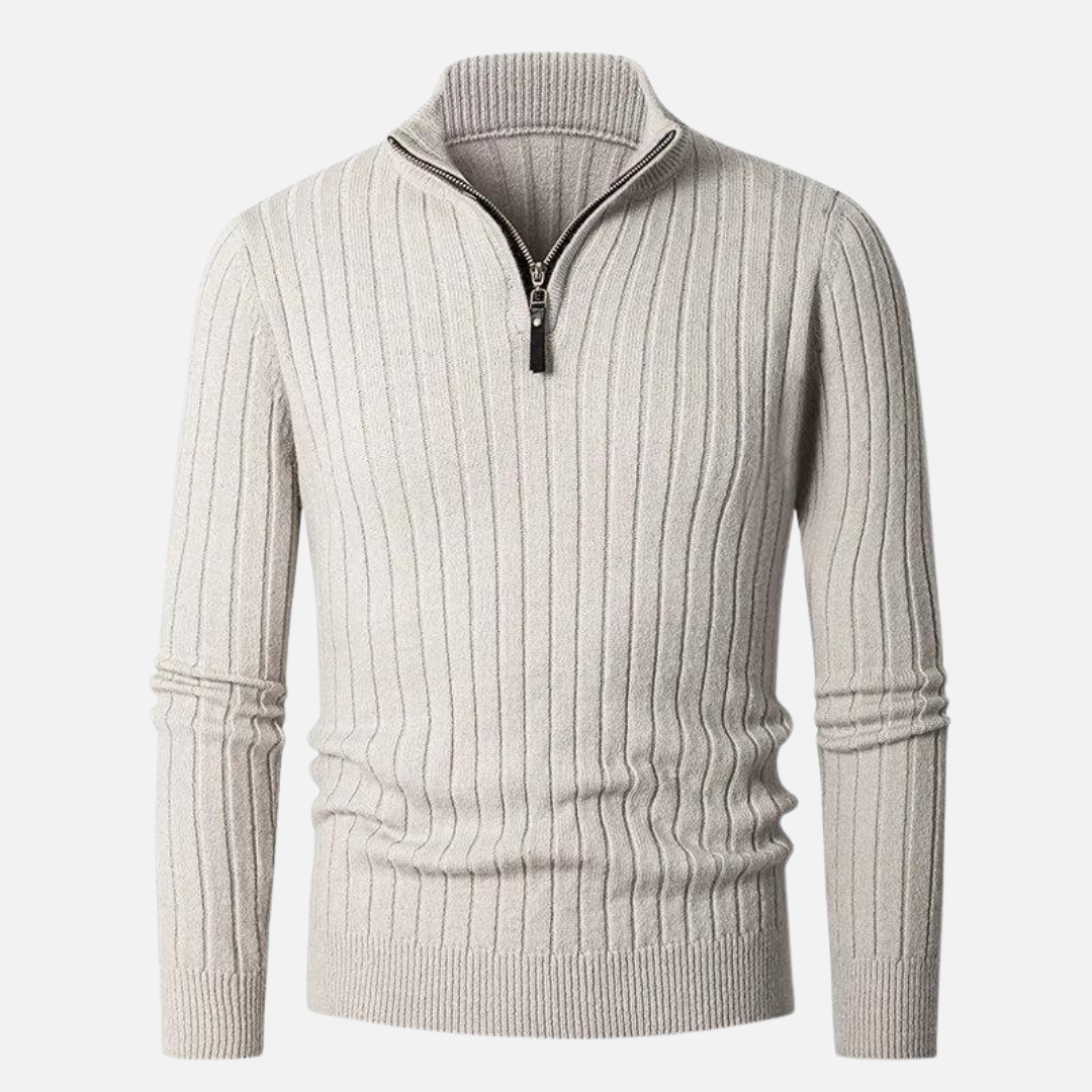 Maglione uomo a coste con mezza zip e collo alto, pullover elegante e versatile per look casual-smart.