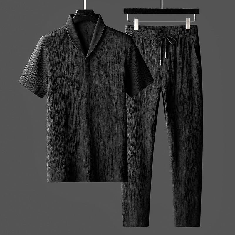 Completo casual estivo uomo in bianco e nero: set due pezzi con top manica corta e pantaloni coordinati per la casa.