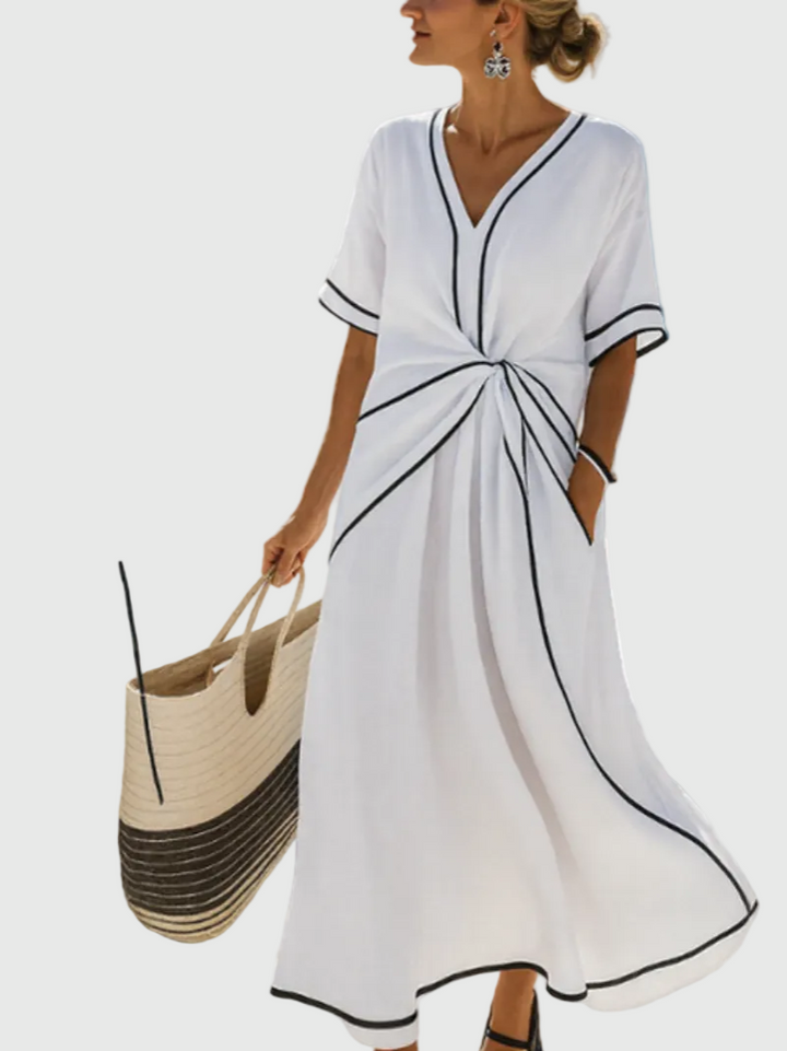 Vestito maxi drappeggiato per donna, ideale per eventi eleganti autunnali o come abito da sera chic e confortevole.