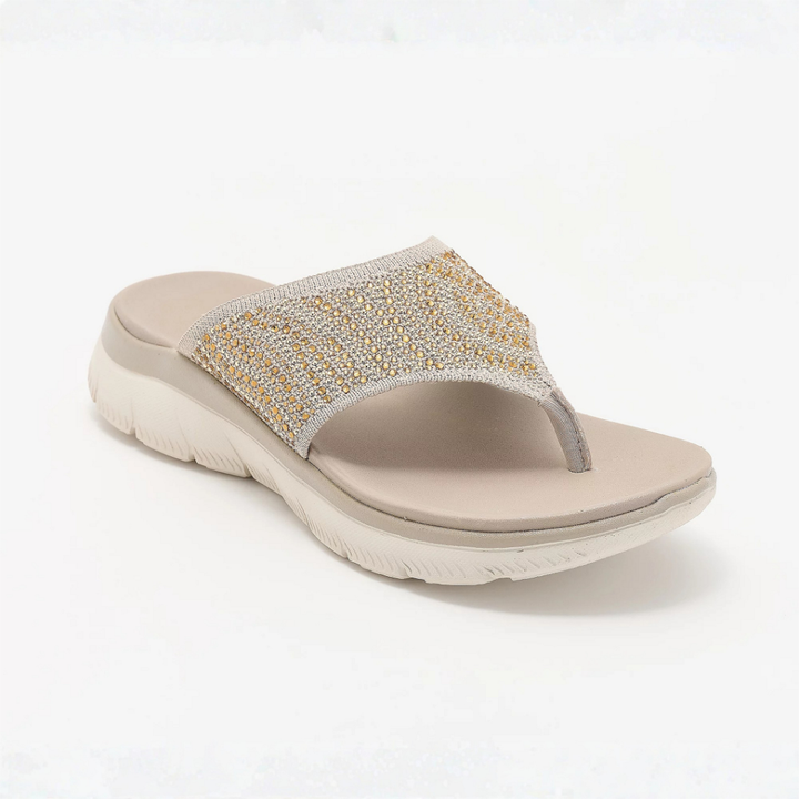 Sandali infradito donna eleganti con dettagli crystal, perfetti per l'estate e la spiaggia con comfort.