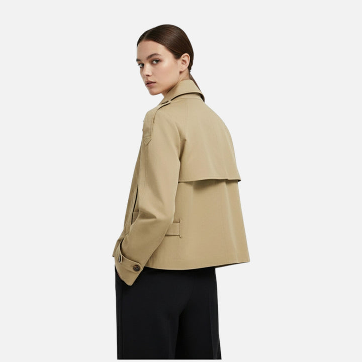 Cappotto trench doppiopetto da donna, corto ed elegante, ideale per primavera e autunno con cintura.