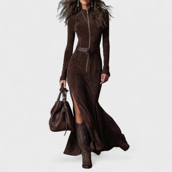 Abito lungo da donna elegante marrone scuro con zip frontale e cintura in vita, per un look casual chic.