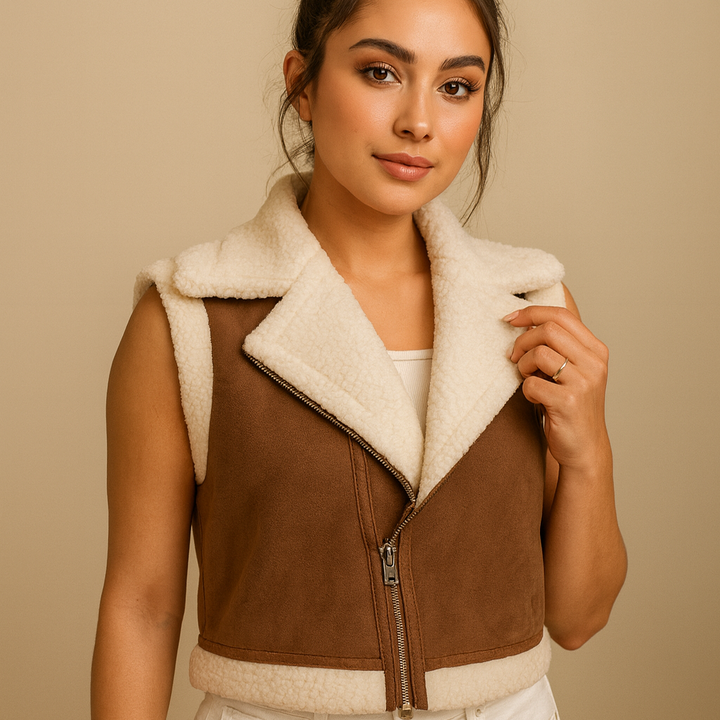 Gilet donna casual invernale, morbido e senza maniche, con zip per comfort e moda in abbigliamento caldo.
