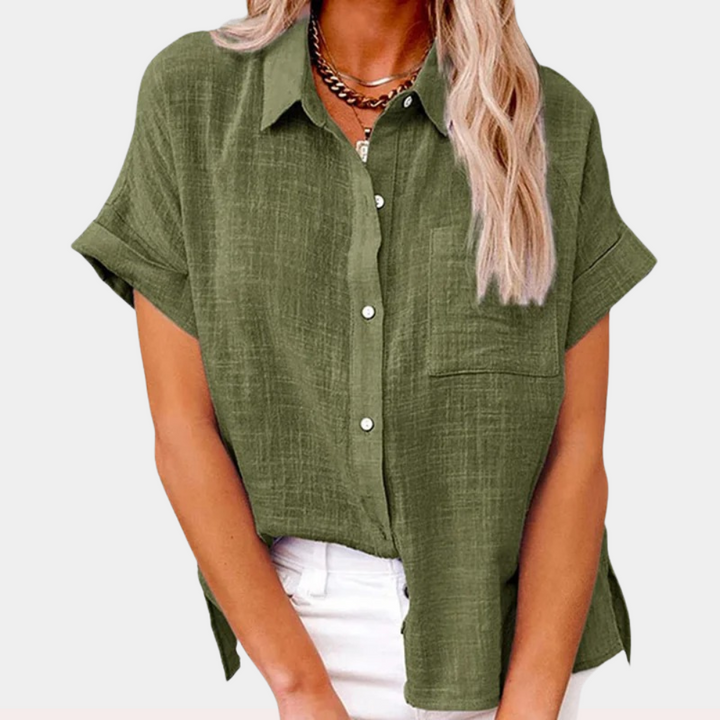 Top estivo donna in lino, camicia a maniche corte multicolore con bottoni, per freschezza e comfort.
