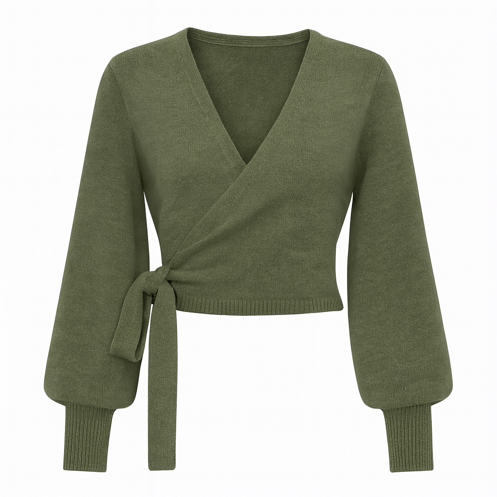 Blusa avvolgente donna in maglia verde, con scollo a V e maniche lunghe, per un look casual chic autunnale/primaverile.