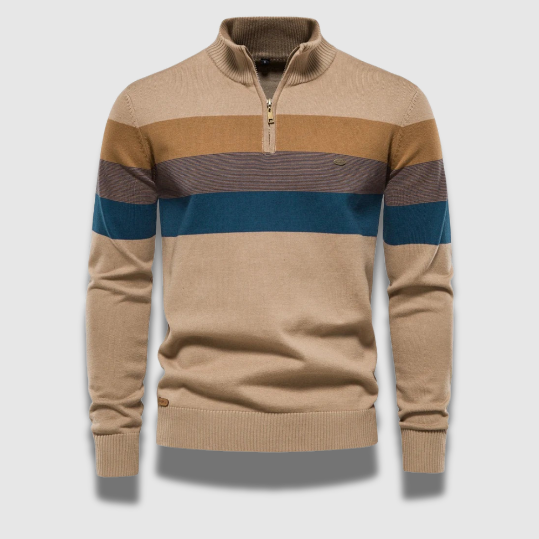 Maglione uomo a righe con zip, stile moderno. Pullover casual in maglia per outfit autunno inverno. Comfort e moda maschile.