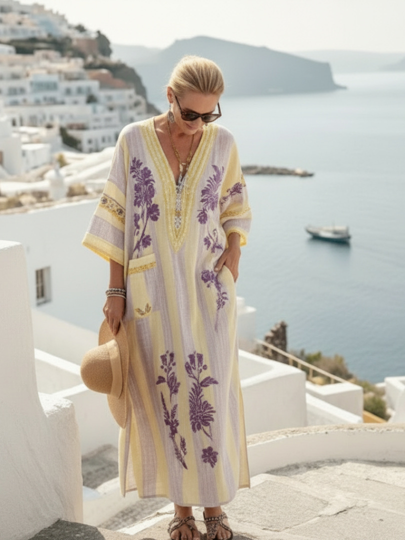 Abito maxi donna floreale beige, comodo con scollo a V e mezza manica, ottimo per vacanze o un look casual.