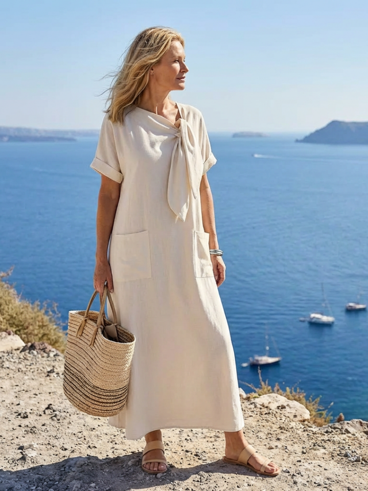 Abito estivo maxi versatile da donna con tasche, maniche corte. Ideale per vacanze e outfit casual confortevoli.