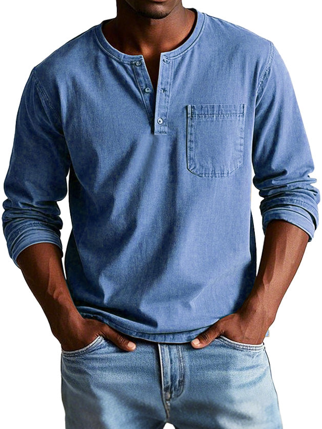 Top uomo maniche lunghe Henley vintage. Cotone délavé, stile casual per primavera e autunno.