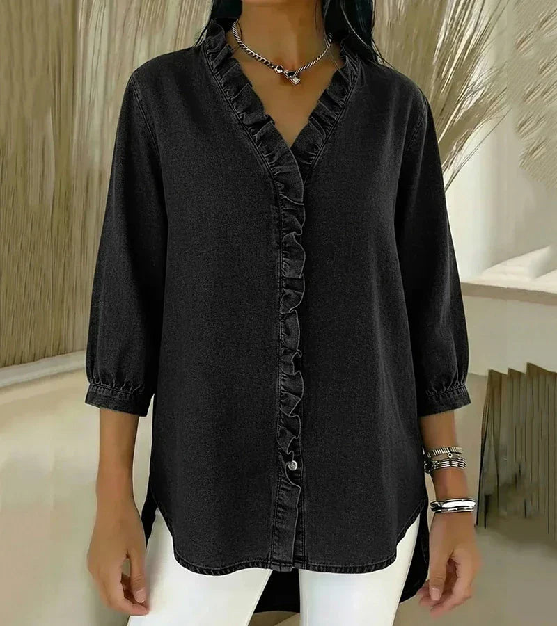 Blusa da donna primaverile/estiva, scollo a V, ruches, maniche ¾. Versatile ed elegante.