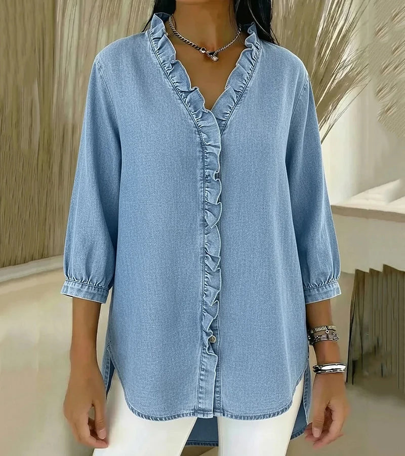 Blusa donna per ufficio e tempo libero, scollo a V, ruches e maniche a ¾. Stile primavera.