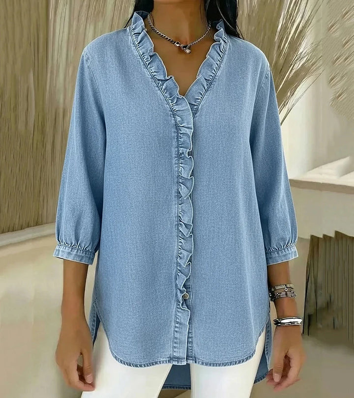 Blusa donna per ufficio e tempo libero, scollo a V, ruches e maniche a ¾. Stile primavera.