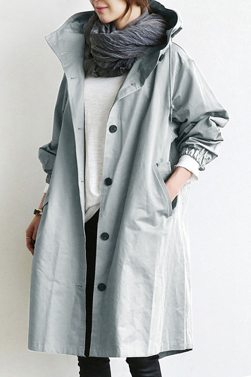 Trench donna oversize con cappuccio, ideale per primavera/autunno. Capospalla femminile casual elegante.