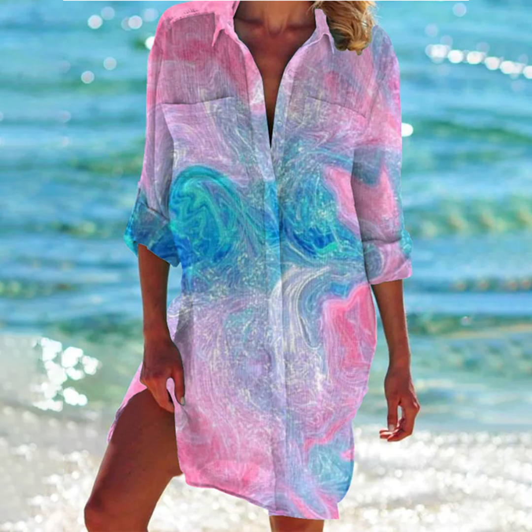 Abito svasato da donna, vestito estivo leggero che valorizza la figura, perfetto per moda casual spiaggia.