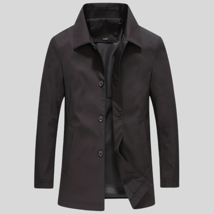 Cappotto lungo uomo elegante blu navy, ideale per outfit invernali raffinati. Capospalla caldo e classico.