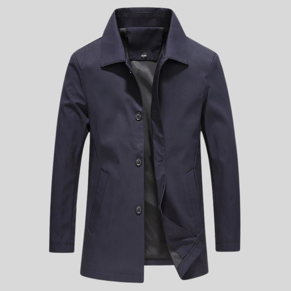 Caldo cappotto uomo lungo nero o blu, perfetto per abbigliamento maschile invernale. Stile classico ed elegante.